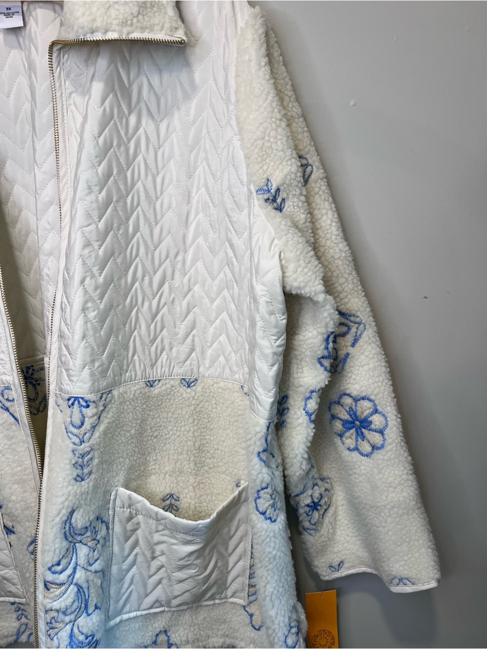 Ruby Rd. White Sherpa Jacket with Blue Floral Embroidery - Picture 6 of 8